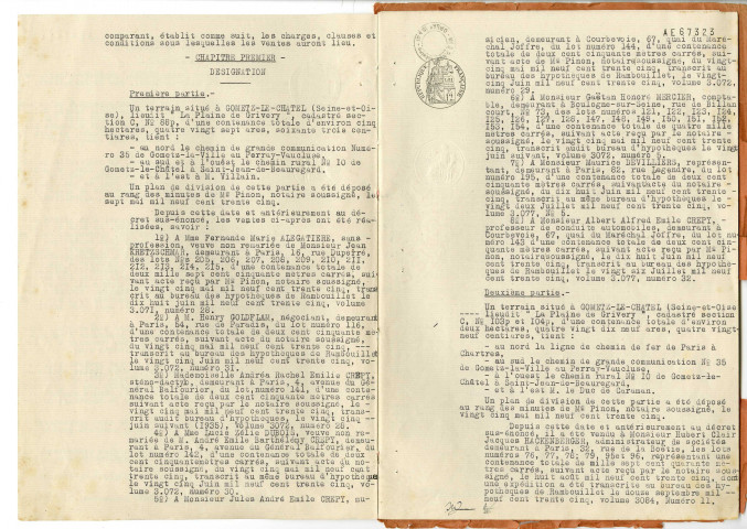 N° 32 - Cahier des charges pour vente par adjudication du lotissement-jardin appellé le Morcellement de Saint-Clair, commune de GOMETZ-LE-CHATEL, constitué de terrains au lieu-dit La Plaine de Grivery, appartenant à M. et Mme THOMAS (10 novembre 1936) (plan parcellaire couleur par THOMAS, géomètre à ORSAY, comprenant les numéros de lots et leur superficie, 1,04 m x 0,615 m, ech. 1/500e, titré : Vallée de Chevreuse - Commune de GOMETZ-LE-CHATEL - Morcellement du domaine de Saint-Clair - Terrains et jardins, 6 octobre 1935. Déchirures sur le plan).