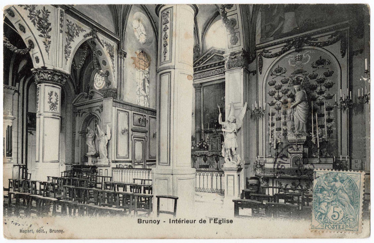 BRUNOY. - Intérieur de l'église, Hapart, 1905, 3 mots, 5 c, ad. 