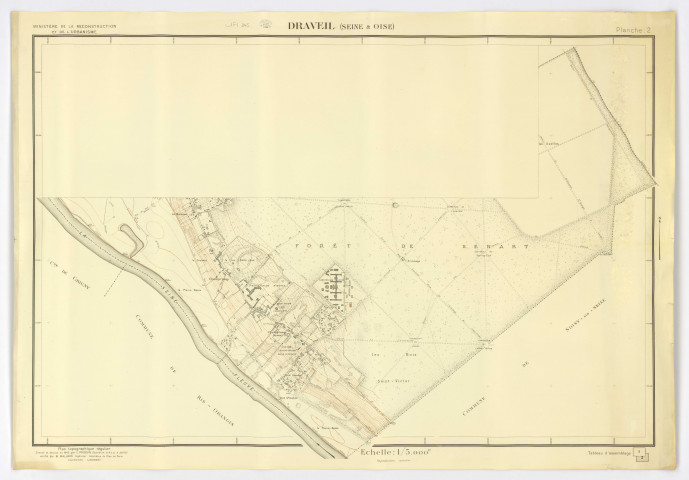 Plan topographique régulier de DRAVEIL dressé et dessiné par L. POUSSIN, géomètre, vérifié par M. MALLARD, ingénieur-géomètre, feuille 2, Ministère de la Reconstruction et de l'Urbanisme, 1945. Ech. 1/5 000. N et B. Dim. 0,73 x 1,05. 