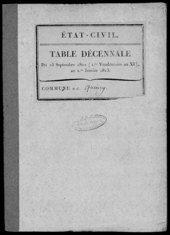 QUINCY-SOUS-SENART. Tables décennales (1802-1902). 