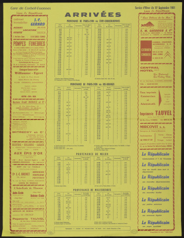 Le Républicain [quotidien régional d'information]. - Arrivées des trains en gare de Corbeil-Essonnes, à partir du 27 septembre 1981 [service d'hiver] (1981). 