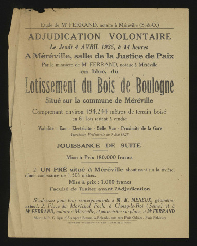 MEREVILLE. - Vente par adjudication volontaire du lotissement du Bois de Boulogne et d'un pré, 4 avril 1935. 