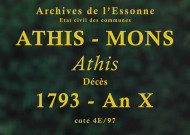 ATHIS-MONS. Commune d'Athis. - Décès : registre d'état civil (1790-an X). 