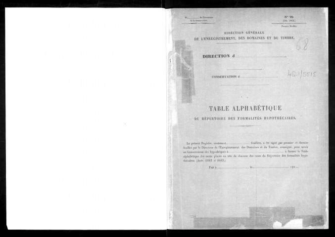 Volume n° 68 : A-Z (registre ouvert vers 1920).