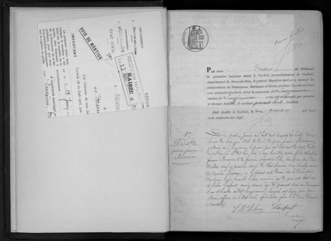 LONGJUMEAU. Naissances, mariages, décès : registre d'état civil (1878-1882). 
