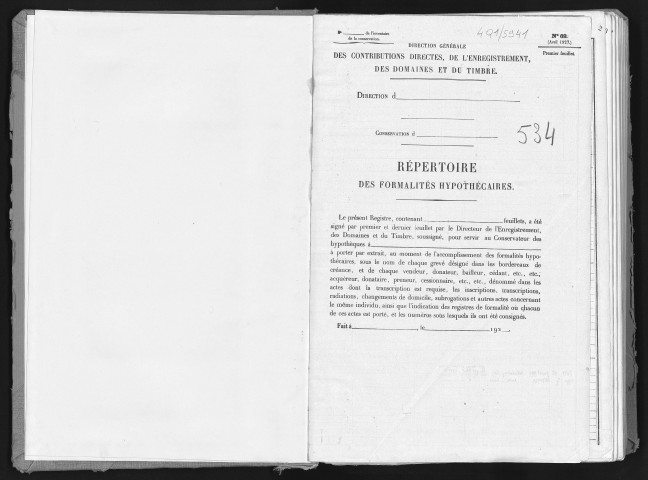 Conservation des hypothèques de CORBEIL. - Répertoire des formalités hypothécaires, volume n° 534 : A-Z (registre ouvert vers 1920). 