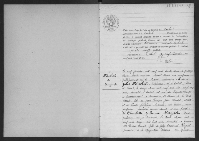 ESSONNES.- Mariages : registre d'état civil. 