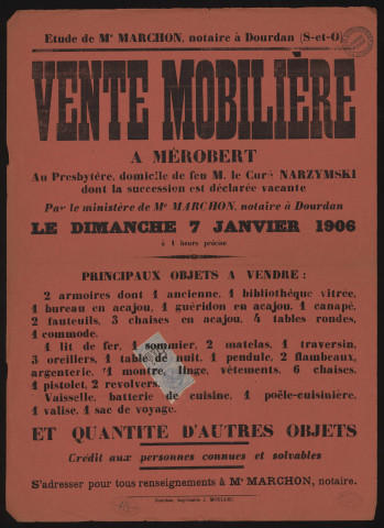MEROBERT.- Vente aux enchères du mobilier dépendant de la succession de M. le Curé NARZYMSKI, 7 janvier 1906. 