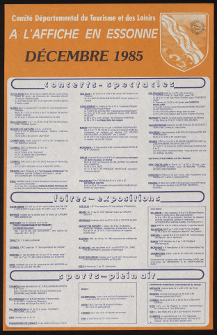 EVRY.- A l'affiche en Essonne : programme culturel, Comité départemental du tourisme et des loisirs, décembre 1985. 
