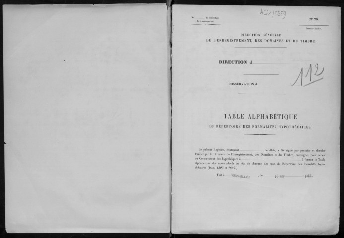 Conservation des hypothèques de CORBEIL. - Table alphabétique du répertoire des formalités hypothécaires, volume n° 112 : A-Z (registre ouvert en 1941). 