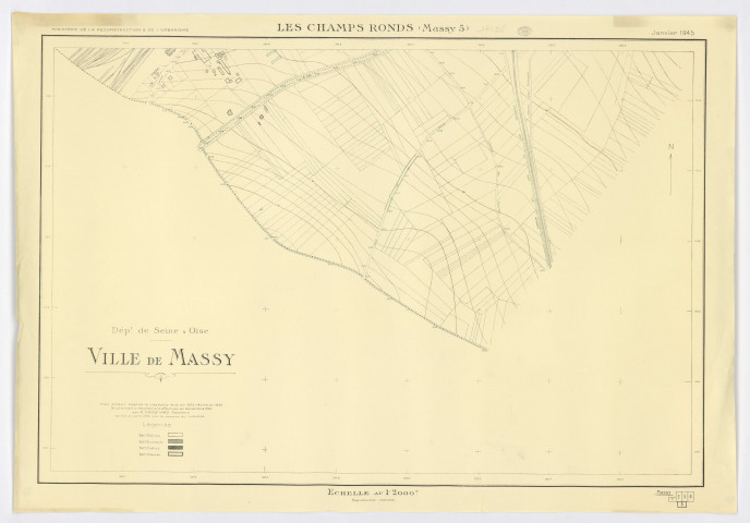 Plan de MASSY - LES CHAMPS RONDS dressé d'après le cadastre levé en 1903, révisé en 1942, nivellement et recollement effectués par M. CHOQUARD, géomètre, feuille 5, 1944. Ech. 1/2.000. N et B. Lég. Dim. 0,70 x 1,01. 