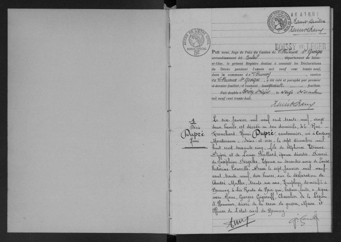 BRUNOY.- Décès : registre d'état civil (1939). 