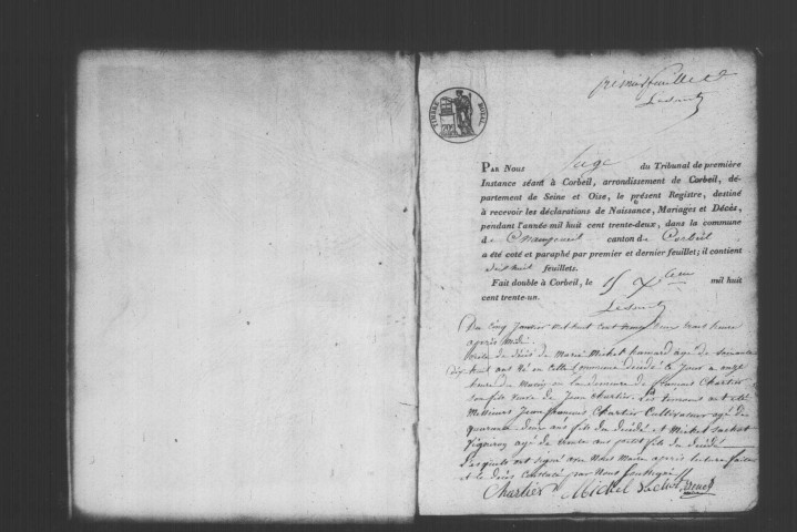 CHAMPCUEIL. Naissances, mariages, décès : registre d'état civil (1832-1844). 
