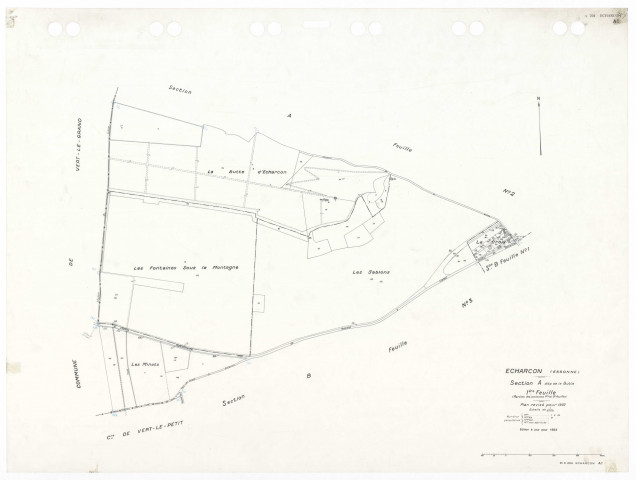 ECHARCON, plans minutes de conservation : tableau d'assemblage,1937, Ech. 1/10000 ; plans des sections A1, A2, A3, B1, B2, B3, 1937, Ech. 1/2500. Polyester. N et B. Dim. 105 x 80 cm [7 plans]. 