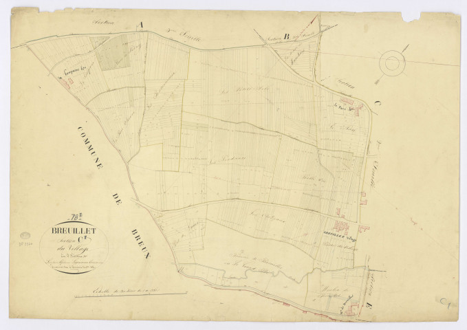 BREUILLET. - Section C - Village (le), 1ère feuille, ech. 1/1250, coul., aquarelle, papier, 68x96 (1825). 