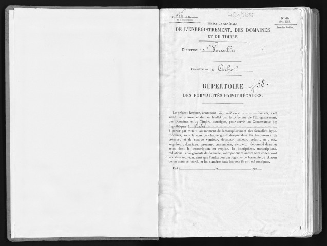 Conservation des hypothèques de CORBEIL. - Répertoire des formalités hypothécaires, volume n° 458 : A-Z (registre ouvert vers 1920). 