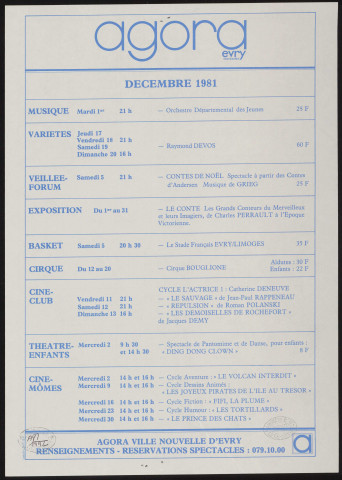 EVRY. - Spectacle, musique, variétés, expositions, sport, cinéma : programme culturel, Agora d'Evry, décembre 1981. 