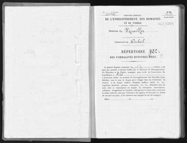 Conservation des hypothèques de CORBEIL. - Répertoire des formalités hypothécaires, volume n° 482 : A-Z (registre ouvert vers 1920). 