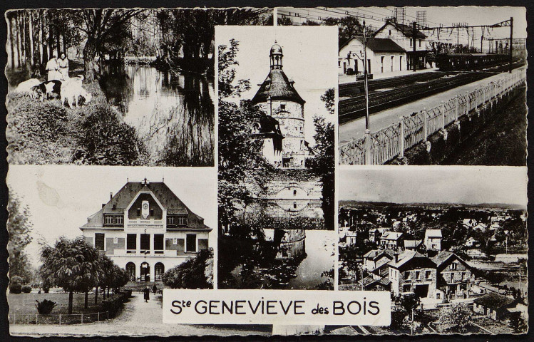 SAINTE-GENEVIEVE-DES-BOIS.- L'Orge, la gare, l'hôtel de ville, le donjon et vue générale. 