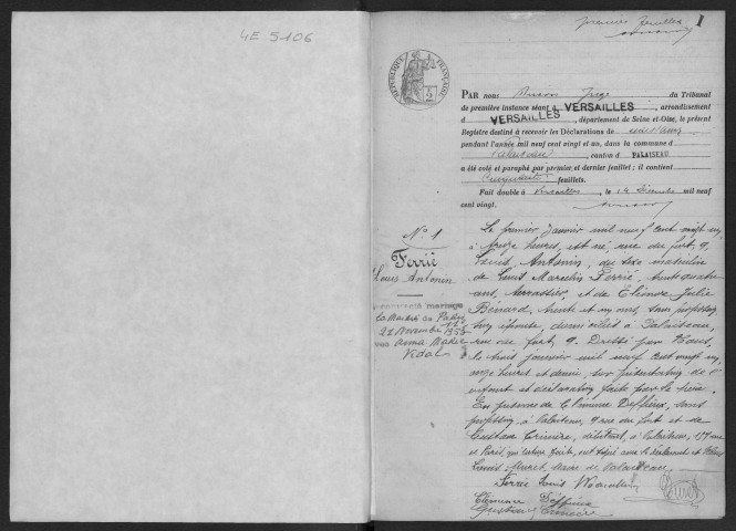 PALAISEAU. - Naissances : registre d'état civil.