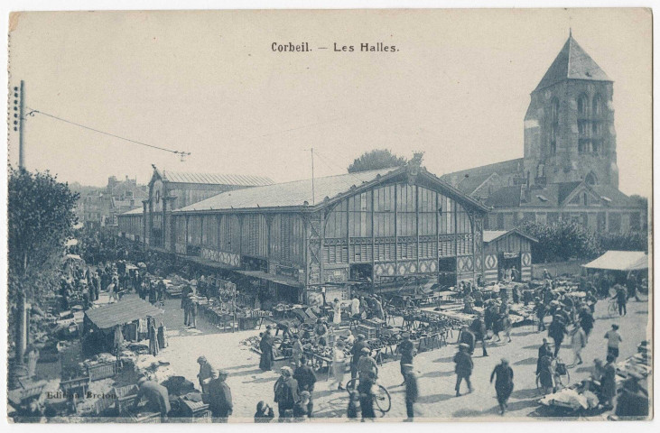 CORBEIL-ESSONNES. - Les halles et la place un jour de marché, Breton, 1931, 21 lignes, bleue. 