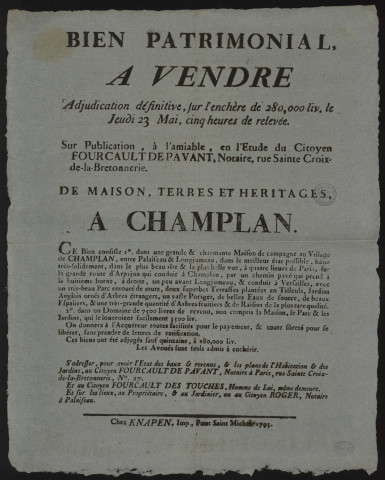 CHAMPLAN. - Vente par adjudication définitive de maison de campagne, terres et héritages, [23 mai 1800]. 