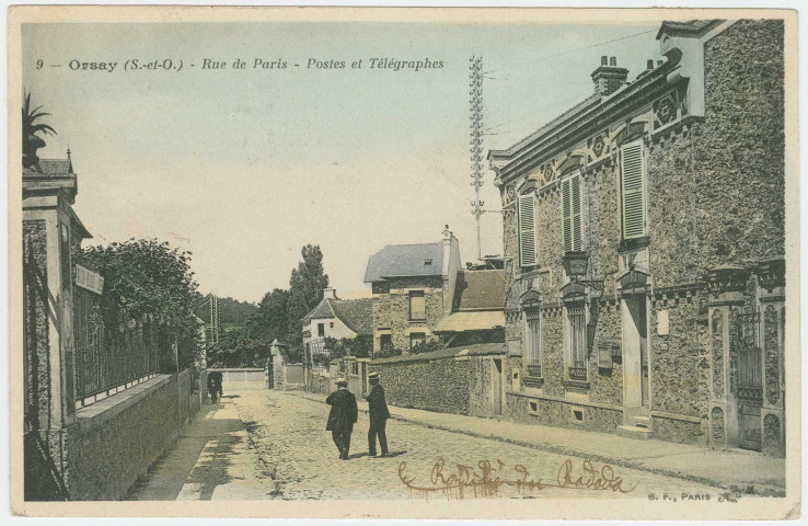 ORSAY. - Rue de Paris, postes et télégraphes. Edition BF, 1907, 1 timbre à 10 centimes, colorisée. 