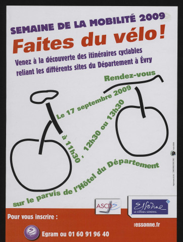 EVRY.- Semaine de la mobilité 2009. Faîtes du vélo. Venez à la découverte des itinéraires cyclables reliant les différents sites du Département, 17 septembre 2009. 