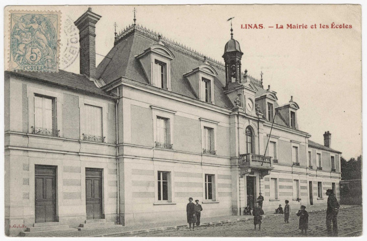 LINAS. - La mairie et les écoles SGIP, (1907), 1 mot, 5 c, ad. 