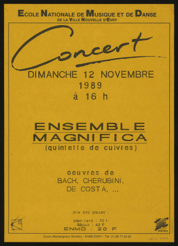 EVRY. - Concert : ensemble Magifica, Ecole nationale de musique et de danse, 12 novembre 1989. 