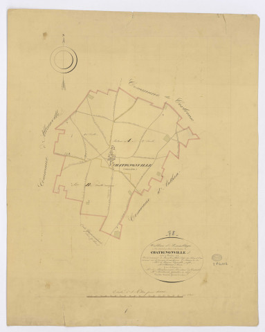 CHATIGNONVILLE. - Plan d'assemblage, ech. 1/10000, coul., aquarelle, papier, 68x53 (1828). 