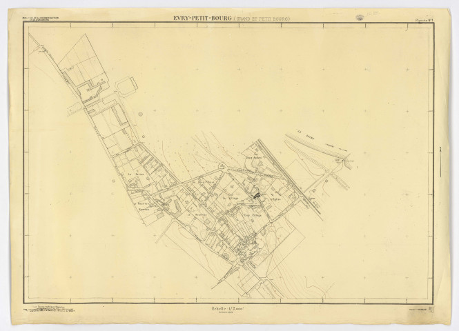 Plan topographique régulier d'EVRY-PETIT-BOURG (GRAND et PETIT BOURG), dressé et dessiné par M. MARCHAND, géomètre, en 1947, vérifié par M. PARIS, ingénieur-divisionnaire, feuille 1, Ministère de la Reconstruction et de l'Urbanisme, 1948. Ech. 1/2.000. N et B. Dim. 0,75 x 1,04. 