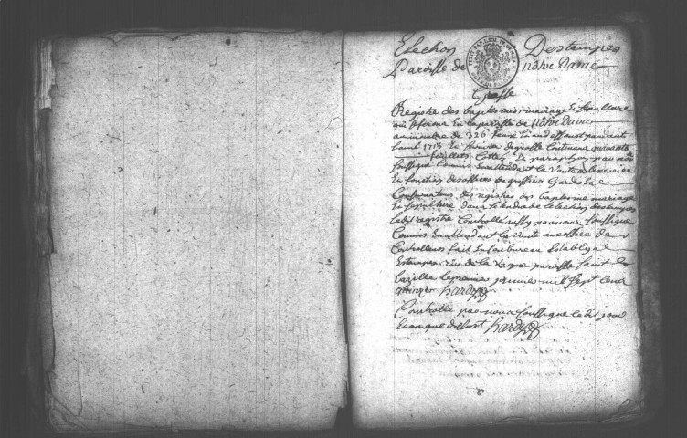 ETAMPES. Paroisse Notre-Dame : Baptêmes, mariages, sépultures : registre paroissial (1674-1714). [Lacunes : B.M.S. (1677-1696, 1699-1701, 1706-1710)]. 