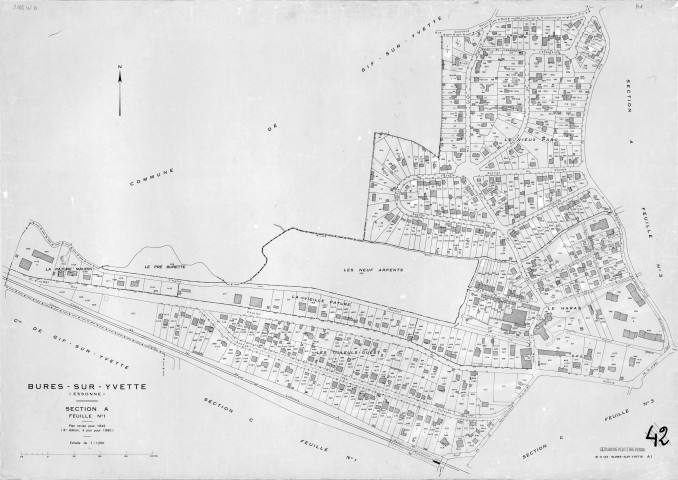BURES-SUR-YVETTE. - Plan révisé pour 1945, à jour pour 1960 (2ème édition) : plan du tableau d'assemblage ; plan révisé pour 1945, à jour pour 1980 (3ème édition) : plans des sections A (feuilles 1-4), B (feuilles 1-3) et C (feuilles 1-4). [13 plans]. 