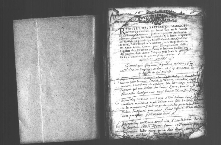 FONTENAY-LE-VICOMTE. Paroisse Saint-Rémi : Baptêmes, mariages, sépultures : registre paroissial (1692-1745). [Lacunes : B.M.S. (1713, 1716-1736)]. 