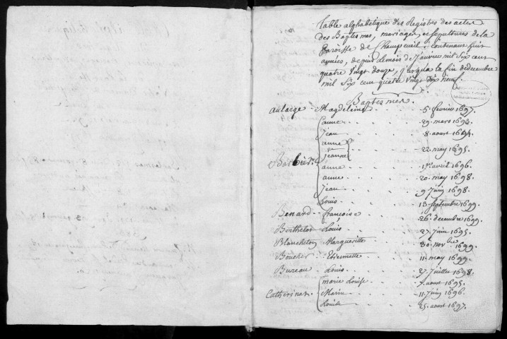 CHAMPCUEIL. - Registre des baptêmes, mariages et sépultures (20/03/1692 - 31/12/1699). 