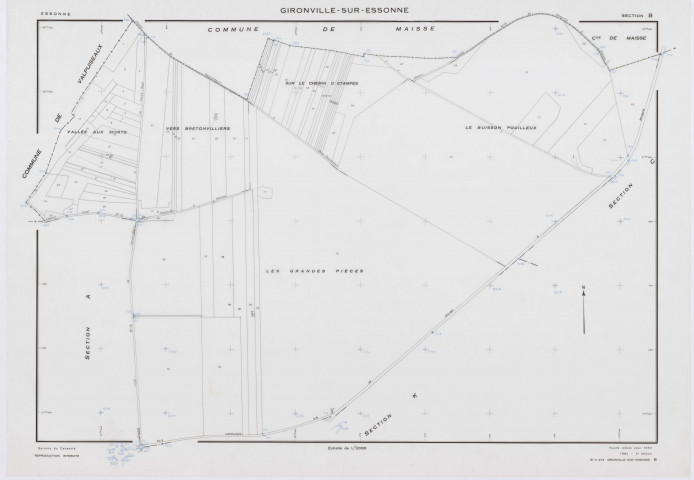 GIRONVILLE-SUR-ESSONNE, plans minutes de conservation : tableau d'assemblage, 1953, Ech. 1/10000 ; plans des sections A, B, C, D, E, G, I, J, K, L, M, 1953, Ech. 1/2000, sections F, H, 1953, Ech. 1/1000. Polyester. N et B. Dim. 105 x 80 cm [14 plans]. 