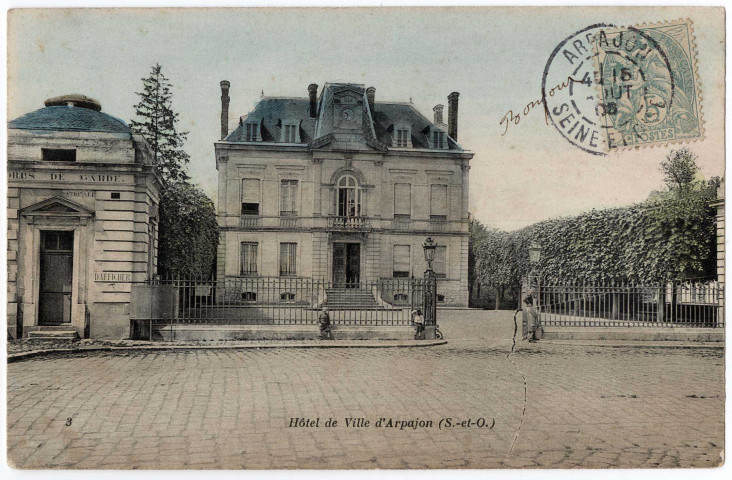 ARPAJON. - Hôtel de ville d'Arpajon, 1906, 1 mot, 5 c, ad., coloriée. 