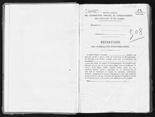 Conservation des hypothèques de CORBEIL. - Répertoire des formalités hypothécaires, volume n° 508 : A-Z (registre ouvert vers 1920). 