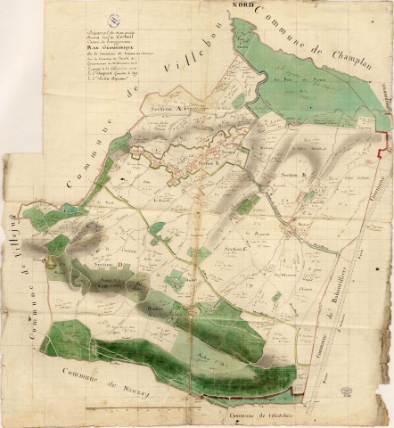 Plan géométrique de SAULX-LES-CHARTREUX, dressé par le géomètre en chef SCOQUART et l'arpenteur BELLOT, [an XI]. Sans éch. Coul. Dim. 0,85 x 0,75. [mauvais état]. 