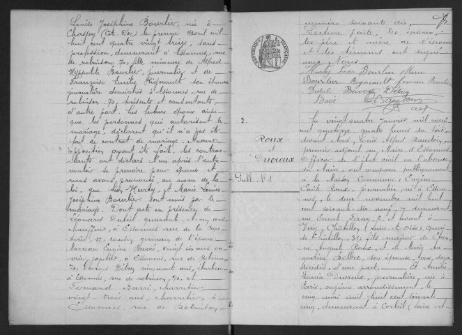 ESSONNES.- Mariages : registre d'état civil. 