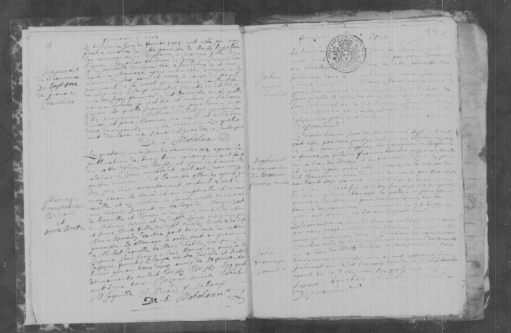 BOISSY-SOUS-SAINT-YON. Paroisse Saint-Thomas-de-Cantorbéry : Baptêmes, mariages, sépultures : registre paroissial (1708-1736). [Lacunes : B.M.S. (1729-1733). Nota bene : B. : 7 cahiers insérés (1718-1724). 1729 : 1 seul acte. 1733 : janvier seulement]. 