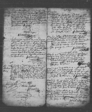 SAINT-VRAIN, paroisse Saint-Caprais. - Registres paroissiaux : baptêmes, mariages, sépultures [1653-1674, 1677-1733] [documents originaux conservés aux Archives municipales de Saint-Vrain]. 
