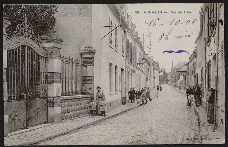 Arpajon.- Rue du clos (16 octobre 1908). 