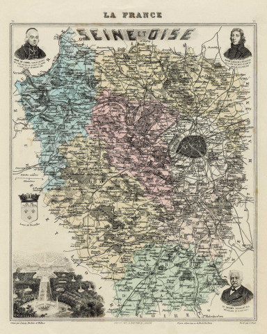 Carte de SEINE-ET-OISE gravée par LECOQ, BARBIER et WALTNERS, dressée sous la direction de J. MIGEON, éditeur-imprimeur à PARIS, [s.d.]. Sans éch. Coul. Dim. 0,25 x 0,21. 