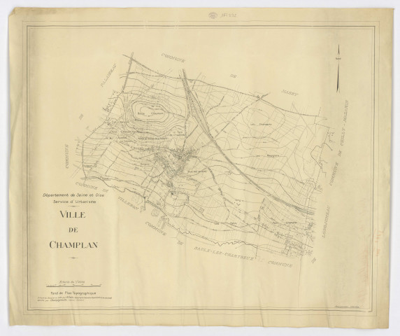 Fonds de plan topographique de CHAMPLAN dressé et dessiné par R. COLIN, topographe, géomètre-expert, vérifié par CHAMPIGNEULLE, ingénieur-géomètre, Service d'Urbanisme du département de SEINE-ET-OISE, 1943. Ech. 1/5 000. N et B. Dim. 0,70 x 0,84. 