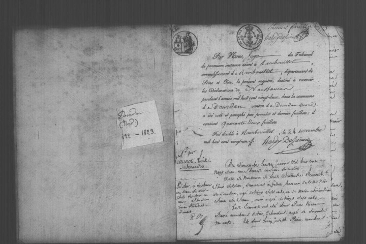 DOURDAN. Naissances, mariages, décès : registre d'état civil (1822-1823). 