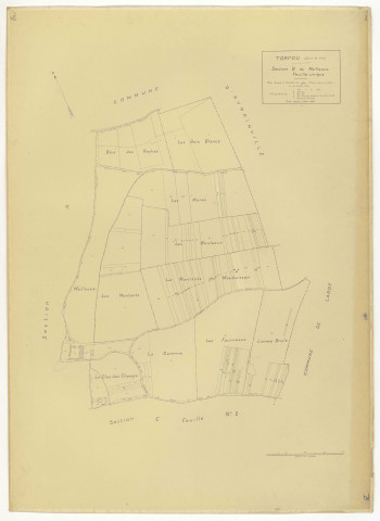 Plans minutes de conservation : TORFOU : tableau d'assemblage, ech. 1/5000 (1929-1931), sections A, B, C1, ech. 1/2500 (1929-1931) ; section C2, ech. 1/2500 (1929-1976), NB et couleur, papier, 105x80 [5 plans]. 