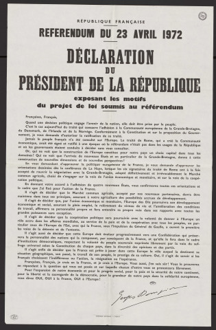 PARIS [Département]. - Référendum du 23 avril 1972. Déclaration du Président de la République exposant les motifs du projet de loi soumis au référendum, 1972. 