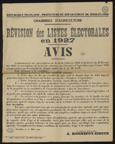 Seine-et-Oise [Département]. - Avis de révision des listes électorales en 1927 pour le renouvellement des délégués aux Chambres d'agriculture, 20 mars 1927. 